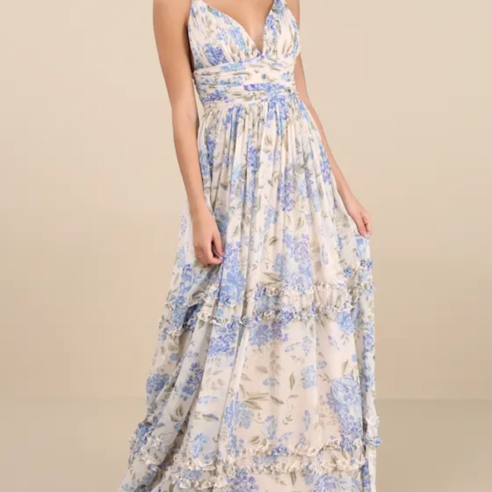 Lulus Bridesmaid Floral Blue and White Maxi Dress